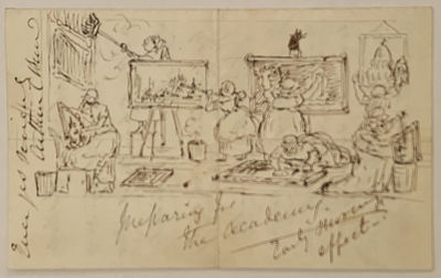 Nonsense Manuscript sketch at the last of a 4-page letter, undated but probably circa 1880), showing the antics of seven cleaning women preparing for the opening of a new show at the Royal Academy.
