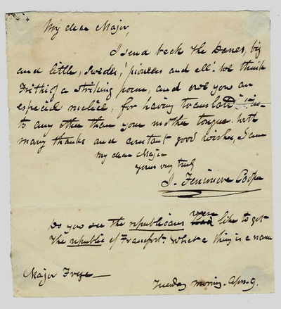 Autograph letter signed ("J. Fenimore Cooper"), to Major William Edward Frye (1784-1853). N.p., 9 April [no year, ca. late 1830s]