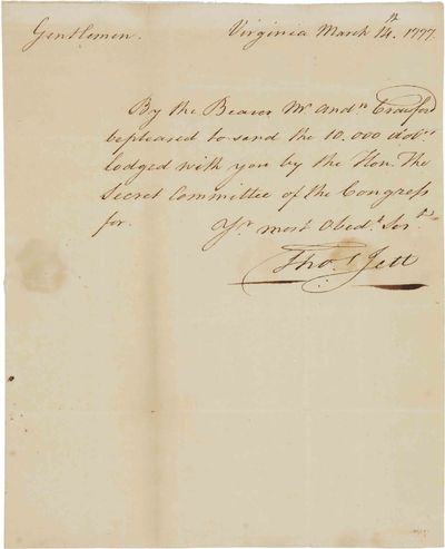 [AUTOGRAPH LETTER, SIGNED, FROM THOMAS JETT TO MESSRS. SAMUEL & ROBERT PURVIANCE, REQUESTING $10,000 FROM THE HON. SECRET COMMITTEE OF CONGRESS BE SENT VIA THE BEARER ANDREW CRAWFORD].