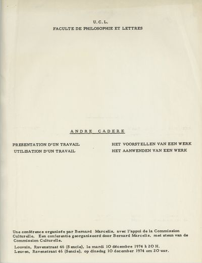 Flyer: Andre Cadere: Presentation d’un Travail, Utilisation d’un Travail/Het Voorstellen van een Werk, Het Aanwenden van een Werk (10 December 1974)