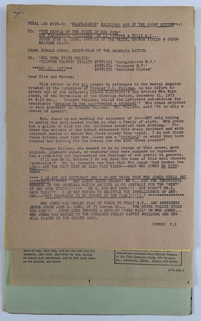 [Collection of Documents Pertaining to Ronald Jones of the Onondaga Nation and His Family's Conflicts with Local Authorities]