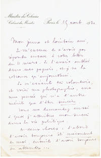 image of LETTER SIGNED BY FRANCOIS PIETRI, MINISTER FOR COLONIAL AFFAIRS IN THE THIRD FRENCH REPUBLIC, SENDING A YOUNG CORRESPONDENT HIS PHOTOGRAPH.