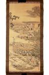Two hanging scrolls, painted on silk in ink & colors (555 x 1215 mm.), carefully mounted on paper-backed silk, with silk brocade frames at each end & sides, depicting the cultivation, processing, and packaging of tea leaves by the Kanbayashi family of tea producers for the shogun and his circle
