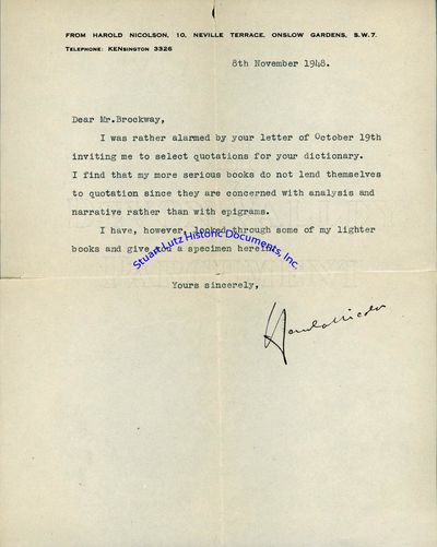 British Writer Sir Harold Nicolson Does Not Want His More Serious Books Quoted