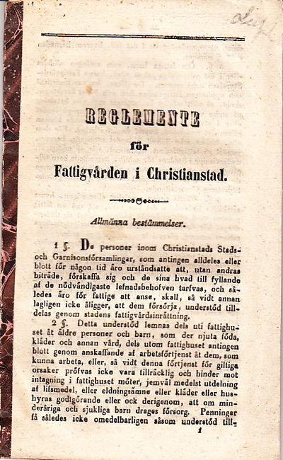 Reglemente för Fattigvården i Christianstad.