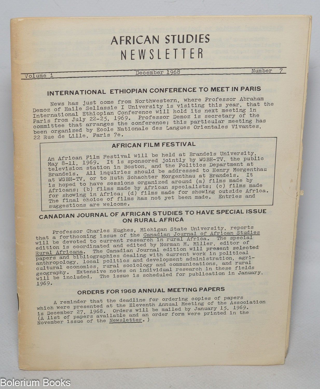 African Studies Newsletter; vol. 1, no. 7 (Decembe