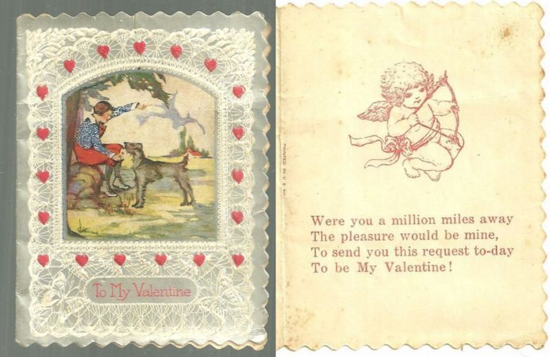 Valentine - Vintage Valentine with Little Boy Playing Fetch with Dog