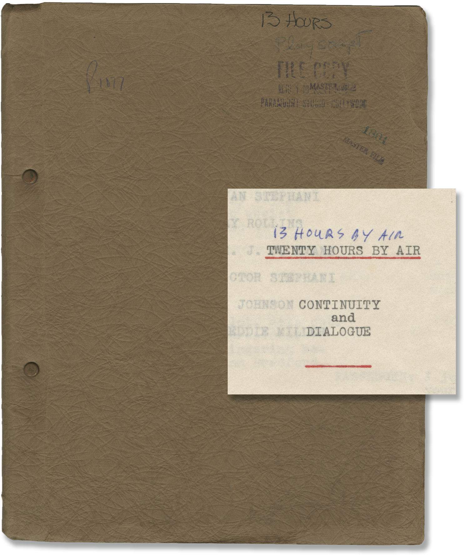 13 Hours By Air Twenty Hours By Air Original Screenplay For The 1936 Film By Zasu Pitts Starring Joan Bennett 1936 From Royal Books Inc Sku