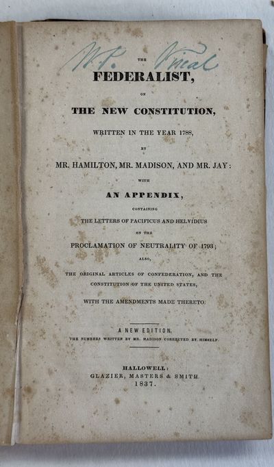 Hallowell: Glazier, Masters & Smith, 1837. 500pp, original sheep, covers detached but present. moder...