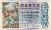 Loteria E00411: hoja nº 29. Loteria Nacional. Nº 36570, serie 18ª, fracción 7ª, precio 100 pesetas, sorteo 3/78 del 21 de Enero de 1978. Aves de Corral