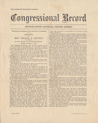 Working Conditions in the District of Columbia. Transcript of a speech given by the Honorable Virginia E. Jenckes as printed in the Congressional Record