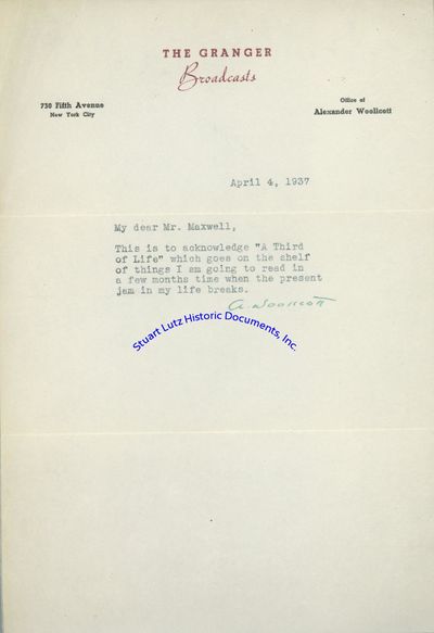 Critic Alexander Woollcott Thanks Author Perriton Maxwell For A Copy Of His Book, A Third Of Life