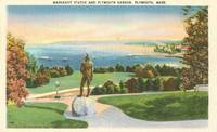 Massasoit Statue and Plymouth Harbor, Plymouth, Mass unused linen Postcard