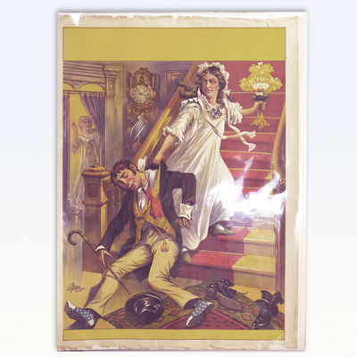 Poster: Wife with lamp in left hand dragging drunken Paddy up the stairs