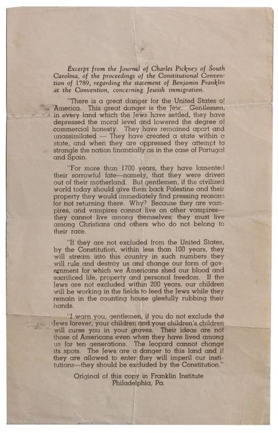 Excerpt from the Journal of Charles Pickney [sic] of South Carolina, of the proceedings of the Constitutional Convention of 1789 [sic], regarding the statement of Benjamin Franklin at the Convention, concerning Jewish immigration. [Caption title]