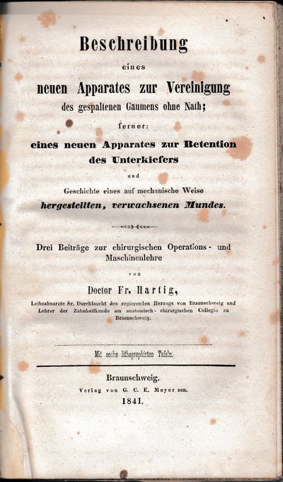 Nonce collection of 6 illustrated surgical monographs: <br />1 - M Eulenberg: Die Pflege der Augen im gesunden und kranken Zustande ...., Berlin, Forstner, 1841, [4], [iii] - viii, [1] - 120 pp.; <br />2 - [F] M Baumgarten: Das Schielen und dessen operative Behandlung ...., Leipzig, Voss, 1841, viii, [1] - 88 pp. + folding engraved plate; <br />3 - P F von Walter: Ueber das Verhaltniss der Medicin zur Chirurgie ...., Carlsruhe, Herder, 1841, 48 pp; <br />4 - F Hartig: Beschreibung eines neuen Apparates zur Vereinigung des gespaltenen Gaumens ohne Nath ...., Braunschweig, Meyer, 1841, 45, [3 - blank] pp. + 6 litho. plates; <br />5 - G Hoering: Ueber den Sitz und die Natur des Grauen Staares ...., Heilbronn, Landherr, 1844, viii, [1] - 104 pp. + folding litho. plate; <br />6 - J G Hoffbauer: Ueber die Kopfverletzungen in Bezug auf ihre Gefahr und Todtlichkeit; und wie ihre Todtlichkeit in soro zu beurtheilen ist, Berlin, Forstner, 1842, [4], [5] - 80 pp.