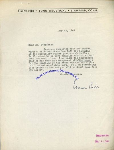 Elmer Rice Mentions Kurt Weill And The Musical Version Of Street Scene