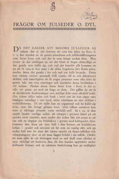 Frågor om julseder o. dyl. [= rubrik].
