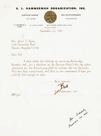 A TYPED LETTER SIGNED by Spiro Agnew&#039;s bagman I.H. &quot;BUD&quot; HAMMERMAN, during Agnew&#039;s 1966 run for the governorship of Maryland, together with a later 1973 newspaper article touting Agnew as the G.O.P.&#039;s top choice for the next presidential election, ANNOTATED &amp; SIGNED by BUD HAMMERMAN, with an AUTOGRAPH LETTER SIGNED by Agnew&#039;s Chief of Staff ART SOHMER, putting into perspective this rosy scenario given that Agnew was under investigation at the time. by (Agnew, Spiro T. [1918-1996]). Hammerman, I.H. "Bud"; and Sohmer, Art (Chief of Staff to Vice President Agnew) - [1966 & 1973].