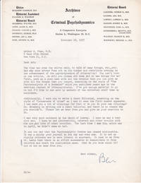 TYPED LETTER TO PSYCHIATRIST AND CRIMINOLOGY EXPERT ARTHUR N. FOXE SIGNED BY PSYCHIATRIST BENJAMIN KARPMAN, EDITOR OF ARCHIVES OF CRIMINAL PSYCHODYNAMICS.