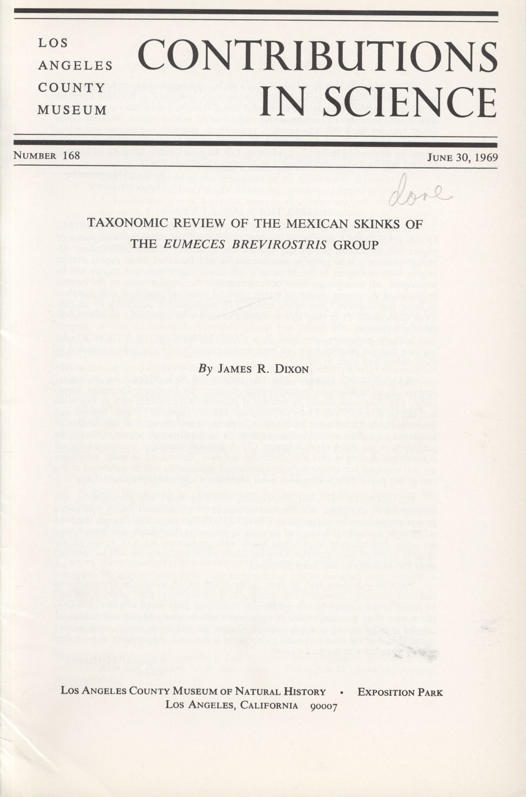 Taxonomic Review Of The Mexican Skinks Of The Eumeces Brevirostris Group By J R Dixon 1969
