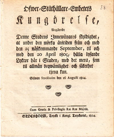 Öfwer-Ståthållare-Embetets Kungörelse, Angående…