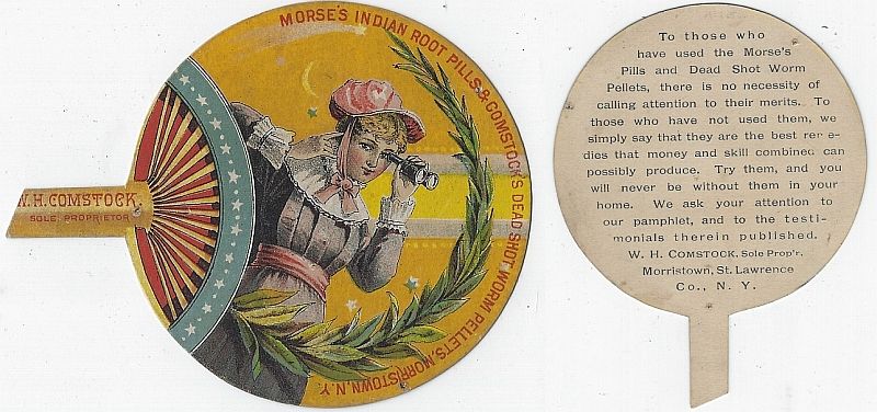 VICTORIAN DIE CUT FAN TRADE CARD FOR MORSE'S INDIAN ROOT PILLS AND COMSTOCK DEAD SHOT WORM PELLETTS, Advertisement VICTORIAN DIE CUT FAN TRADE CARD FOR MORSE'S INDIAN ROOT PILLS AND COMSTOCK DEAD SHOT WORM PELLETTS, Advertisement