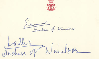 Card Signed by King Edward VIII and His Bride for Whom He Gave Up the Throne, Wallis Warfield Simpson