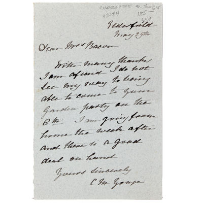 AUTOGRAPH LETTER SIGNED. " To "Dear Mrs. Bacon." Declining an invitation, the letter states in full: "With many thanks I am afraid I do not see my way to being able to come to your garden party on the 6th. I am going from home the week after and there is a good deal on hand. Yours sincerely, C. M. Yonge.