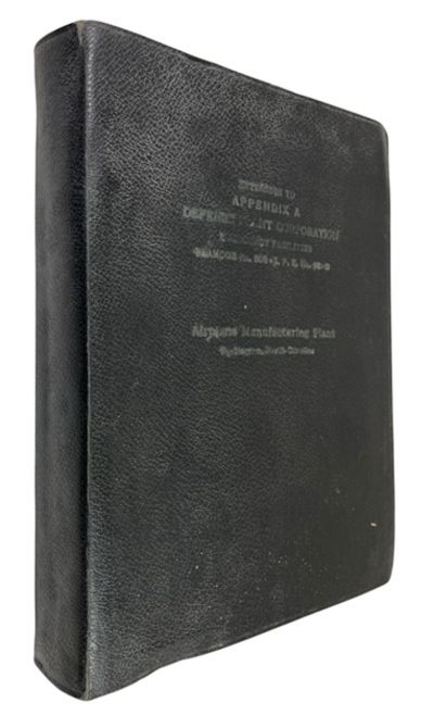 Bound volume containing U. S. Govt. Publications on Camouflage, all seeming have been produced in 1942. We could not decipher most of the cover lettering. "... Appendix A Defense Plant Corporation ... Manufacturing Plant ... North Carolina" is as much as we could get)