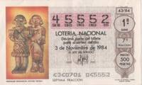 cover of Loteria E00746: hoja nº 50. Loteria Nacional. Nº 45552, serie 1ª, fracción 7ª, precio 500 pesetas, sorteo 43/84 del 3 de Noviembre de 1984. Personajes Mitologicos. Cultura Tolteca