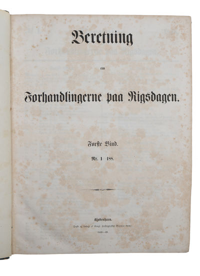 Beretning om Forhandlingerne paa Rigsdagen. 2 vold, nr. 1-188 og 189-492 + Anhang. (Komplet). - [FROM ABSOLUTE MONARCHY TO A CONSTITUTIONAL MONARCHY - DENMARK'S FIRST DEMOCRATIC CONSTITUTION] (photo 2)