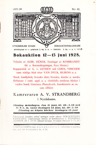 Bokauktion den 12-13 juni 1928. Träsnitt av Albr.…