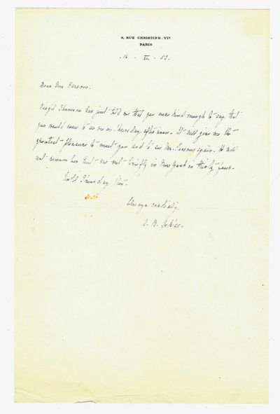 Autograph letter signed ("A. B. Toklas") to Geoffrey Parsons of The New York Herald Tribune, Paris, 16 June 1952