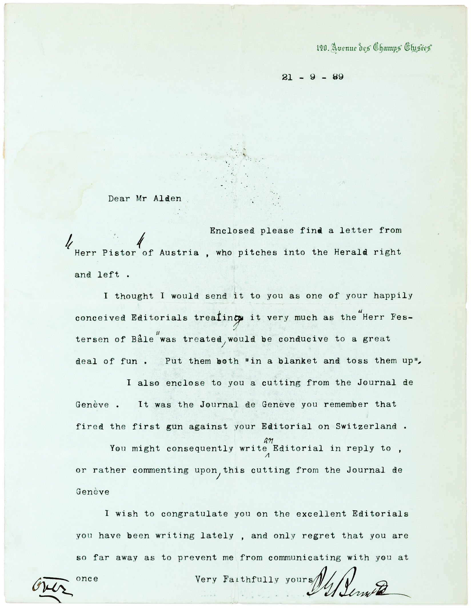 Rare Letter by James Gordon Bennett Who Sent Stanl
