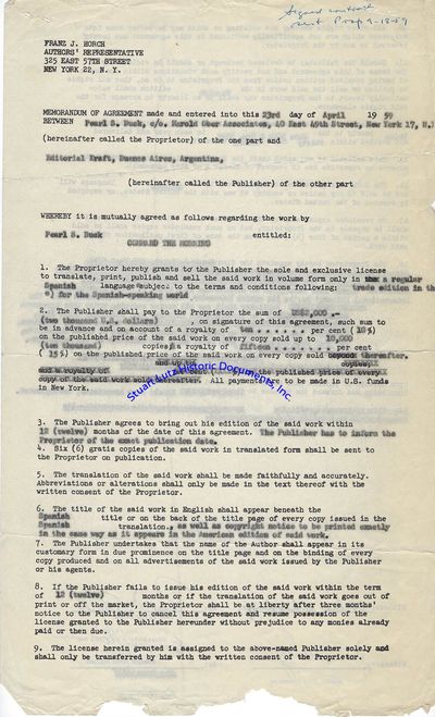 Pearl Buck Signs A Legal Document Concerning The Spanish Language Publication Of Command The Morning