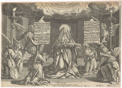 Magnificat for 5 voices. Late 16th century engraved "picture-motet" ("bildmottet") by C. Visscher after Jan Sadeler the elder (1550-1600), based on the painting by Maarten de Vos