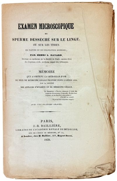Examen Microscopique du sperme desseche sur le linge, ou sur les tissues de nature et de coloration diverses
