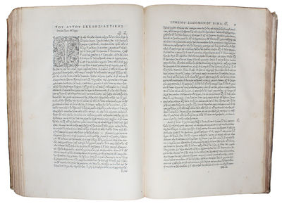 Ekklesiastikes Istorias (Greek)... Ecclesiasticae Hisoriae. Eusebii Pamphilii   Eiusdem de vita ConstantiniSocratisThedoriti episcopi CurensisCollectaneorum ex historia eccles. Thodori LectorisHermii SozomeniEuagrii - [THE "GRECS DU ROI"-TYPES] (photo 2)
