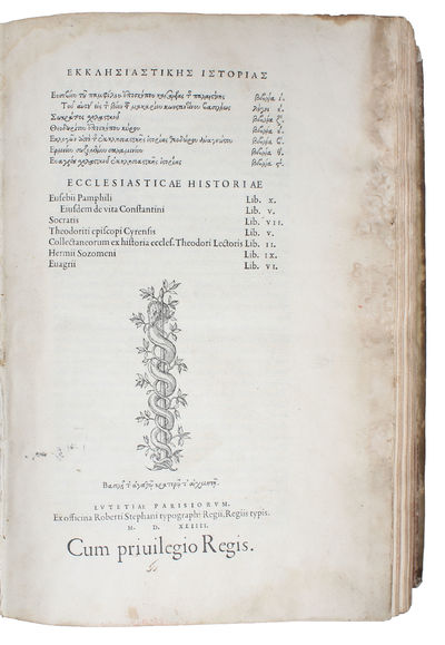 Ekklesiastikes Istorias (Greek)... Ecclesiasticae Hisoriae. Eusebii Pamphilii   Eiusdem de vita ConstantiniSocratisThedoriti episcopi CurensisCollectaneorum ex historia eccles. Thodori LectorisHermii SozomeniEuagrii - [THE "GRECS DU ROI"-TYPES] (photo 3)