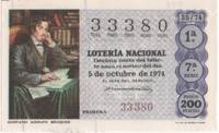 Loteria E00249: hoja nº 19. Loteria Nacional. Nº 33380, serie 7ª, fracción 1ª, precio 200 pesetas, sorteo 35/74 del 5 de Octubre de 1974. Gustavo Adolfo Becquer