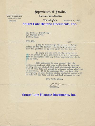 Bureau Of Investigation Director William Burns Writes To A Prospective Agent