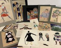 Samling scenografi- och kostymskisser för teateruppsättningar.