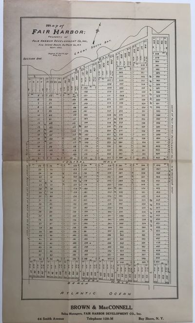 MAP OF FAIR HARBOR: PROPERTY OF FAIR HARBOR DEVELOPMENT CO., INC., Fire Island Beach, Suffolk Co., NY. Sept. 1923.; Eugene R. Smith C.E. Islip, NY