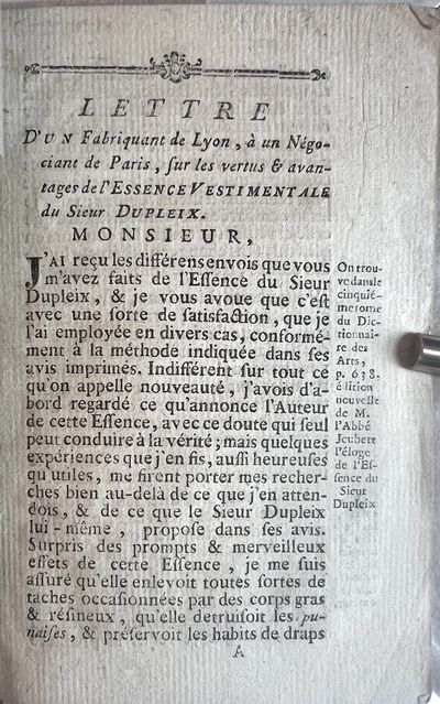 Lettre d’un fabriquant de Lyon, à un Négociant de Paris, sur les vertus & avantages de l'Essence Vestimentale du Sieur Dupleix