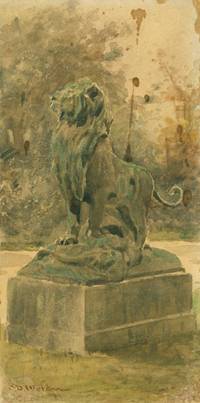 Drawing of a sculpture of a lion on pedestal