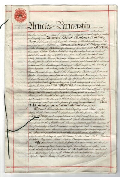 Articles of partnership made and entered into the twentieth day of January one thousand eight hundred and eighty-six between Robert Chaloner Critchley Long of Erlands Crondell in the county of Hants gentleman of the one part, and Alfred Napier Barry of 85 Belgrave Road in the county of Middlesex..