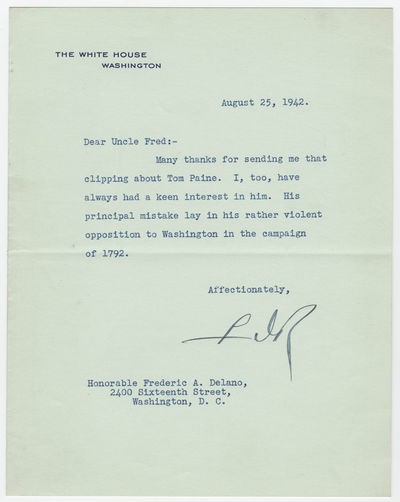 Franklin Delano Roosevelt Criticizes Thomas Paine on Opposing George Washington