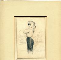 Pencil drawing of man in profile in mask, 3/4 length