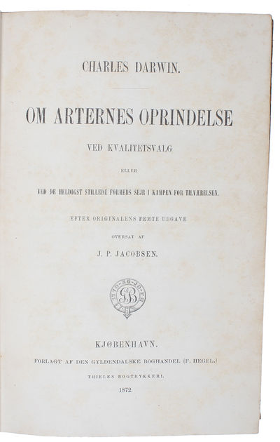 Om Arternes Oprindelse ved Kvalitetsvalg (Danish) + Arternes Oprindelse gjennem naturligt Udvalg (Norwegian) + Om Arternas Uppkomst genom naturligt Urval (Swedish). - [INTRODUCTION OF THE "ORIGIN" IN SCANDINAVIA] (photo 5)